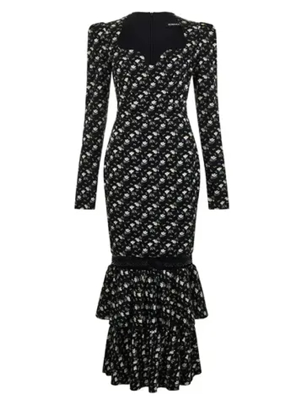 Шелковое платье макси с декольте и воланами цветочки