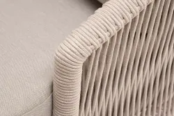 "Верона" диван 3-местный плетеный из роупа, каркас алюминий белый муар, роуп бежевый круглый, ткань бежевая 052