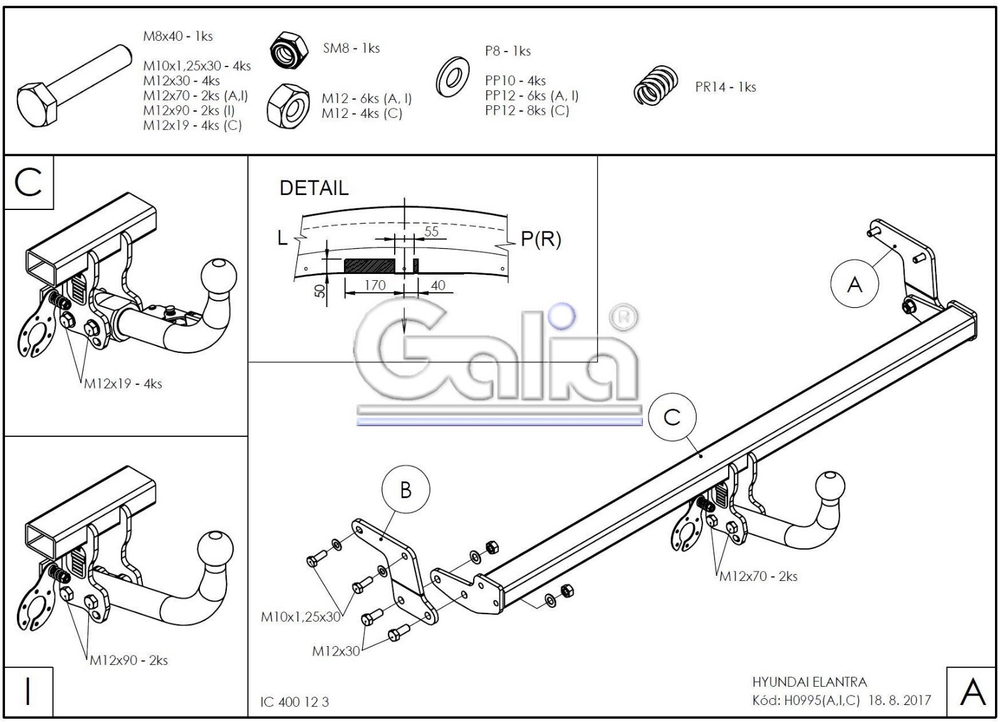 Фаркоп оцинкованный Galia H099A для Hyundai Elantra 2011-2016(паспорт и сертификат в комплекте)(без электрики)