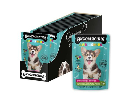 Паучи ВКУСМЯСИНА Кусочки с телятиной в соусе для щенков 85 г