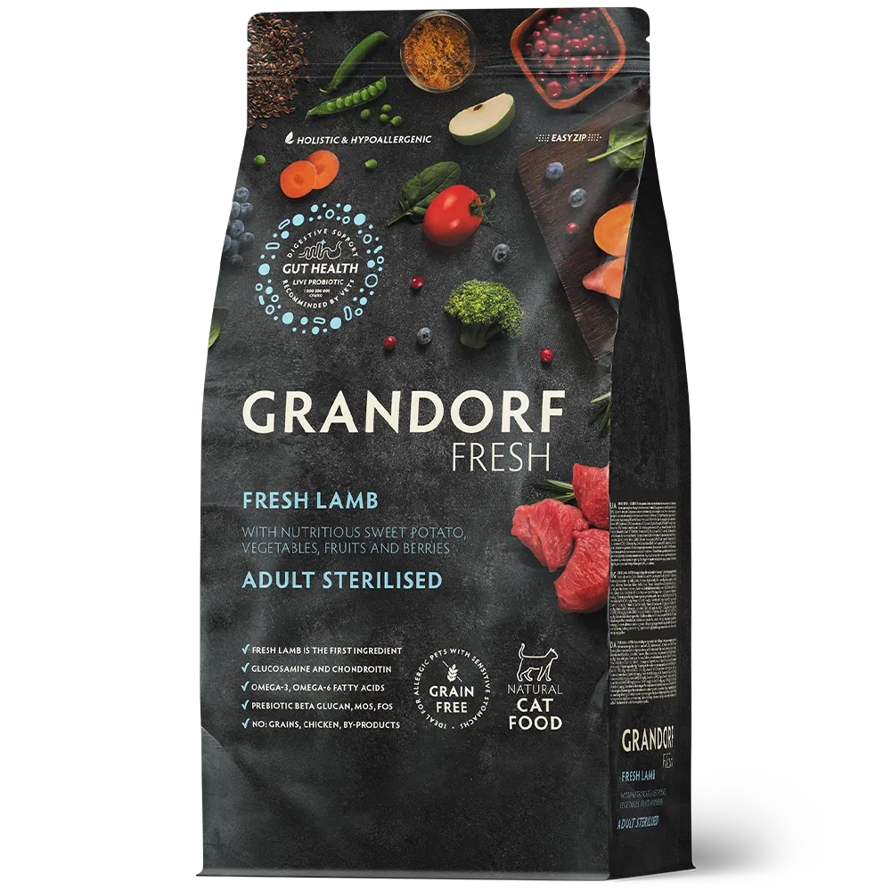Сухой корм GRANDORF FRESH CAT Lamb STERILISED беззерновой, ягненок с бататом для стерилизованных кошек, чувствительное пищеварение или склонность к аллергии 2кг