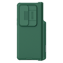 Чехол зеленого цвета (Deep Green) с держателем для S Pen на Samsung Galaxy Z Fold 4 5G от Nillkin, серия CamShield Pro Case, с сдвижной крышкой для камеры