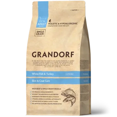 Сухой низкозерновой корм GRANDORF CAT White Fish&Turkey SKIN&CARE Белая рыба с индейкой 0,4кг