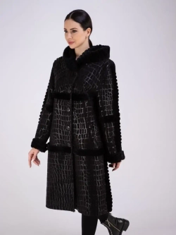 Дубленка женская натуральная длинная с капюшоном оверсайз