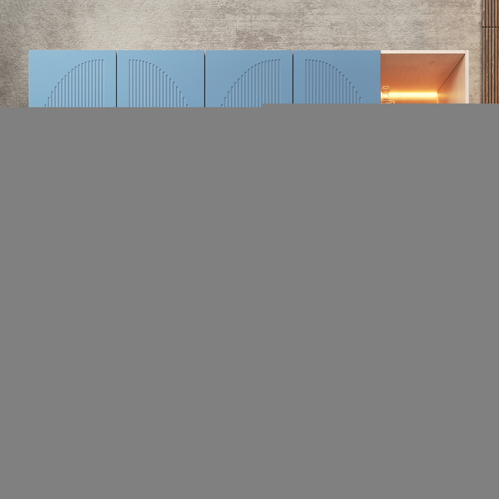 Шкаф Агератум МДФ четырехсекционный с стеллажом в синей эмали - Дуб молочный 8622  230*50*260