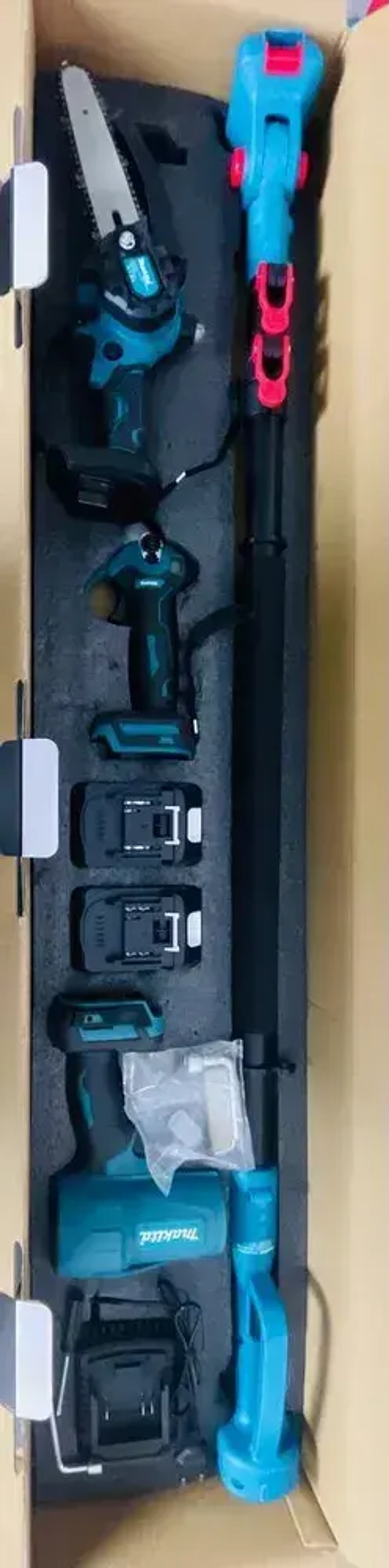 Набор 4в1 аккумуляторных инструментов садовый, пила цепная, сучкорез, штанга, воздуходувка, секатор, 2 АКБ