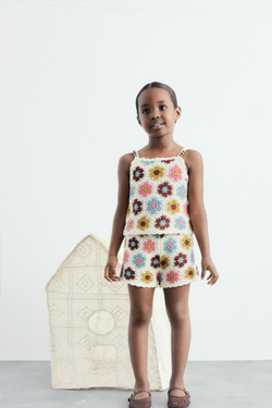 ZARA ТОП ИЗ КРУЖЕВА КРОШЕ С ЦВЕТАМИ И БУСИНАМИ, РАЗНОЦВЕТНЫЙ