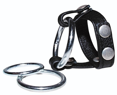 Подхват для мошонки с 3 съемными эрекционными кольцами Leder-Riemen (Цвет: черный с серебристым)