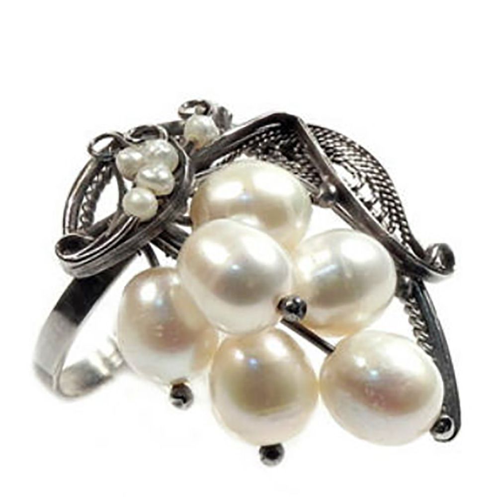 Кольцо "Гроздь" жемчуг белый, скань