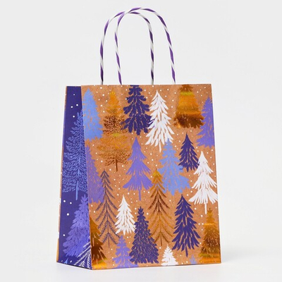 Пакет бумажный подарочный новогодний крафт "Узор ёлки", с тиснением, 26 х 32 х 12 см.