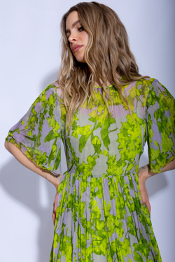 Женское зелёное платье миди с цветочным принтом