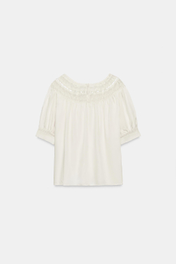 ZARA БЛУЗА С КОРОТКИМИ РУКАВАМИ И КРУЖЕВОМ — ZW COLLECTION, БЕЛЫЙ