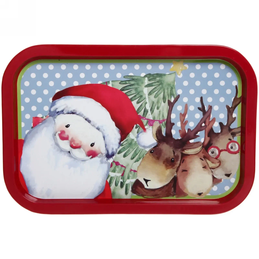 Поднос жестяной 34,5*23,5см «Дед Мороз с оленями»
