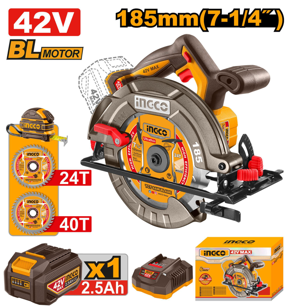 Аккумуляторная циркулярная пила INGCO CSLI4218511 INDUSTRIAL 42 В 185 мм