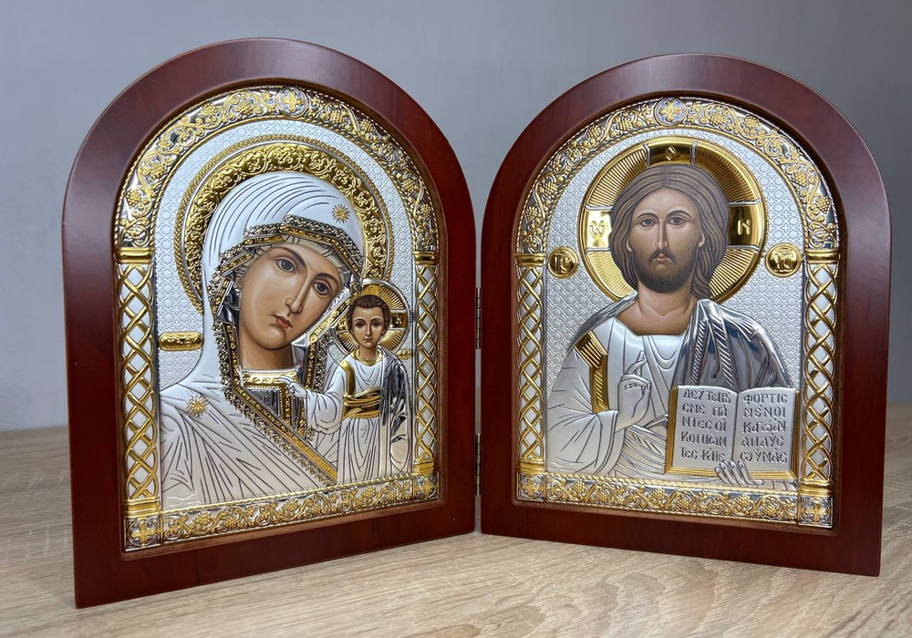 Складень, Спаситель, Казанская БМ, икона арочная, красное дерево 200x300