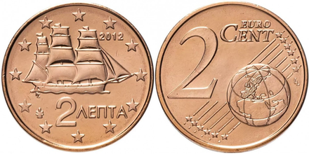 Греция 2 евроцента, 2002-2023 Корвет XF