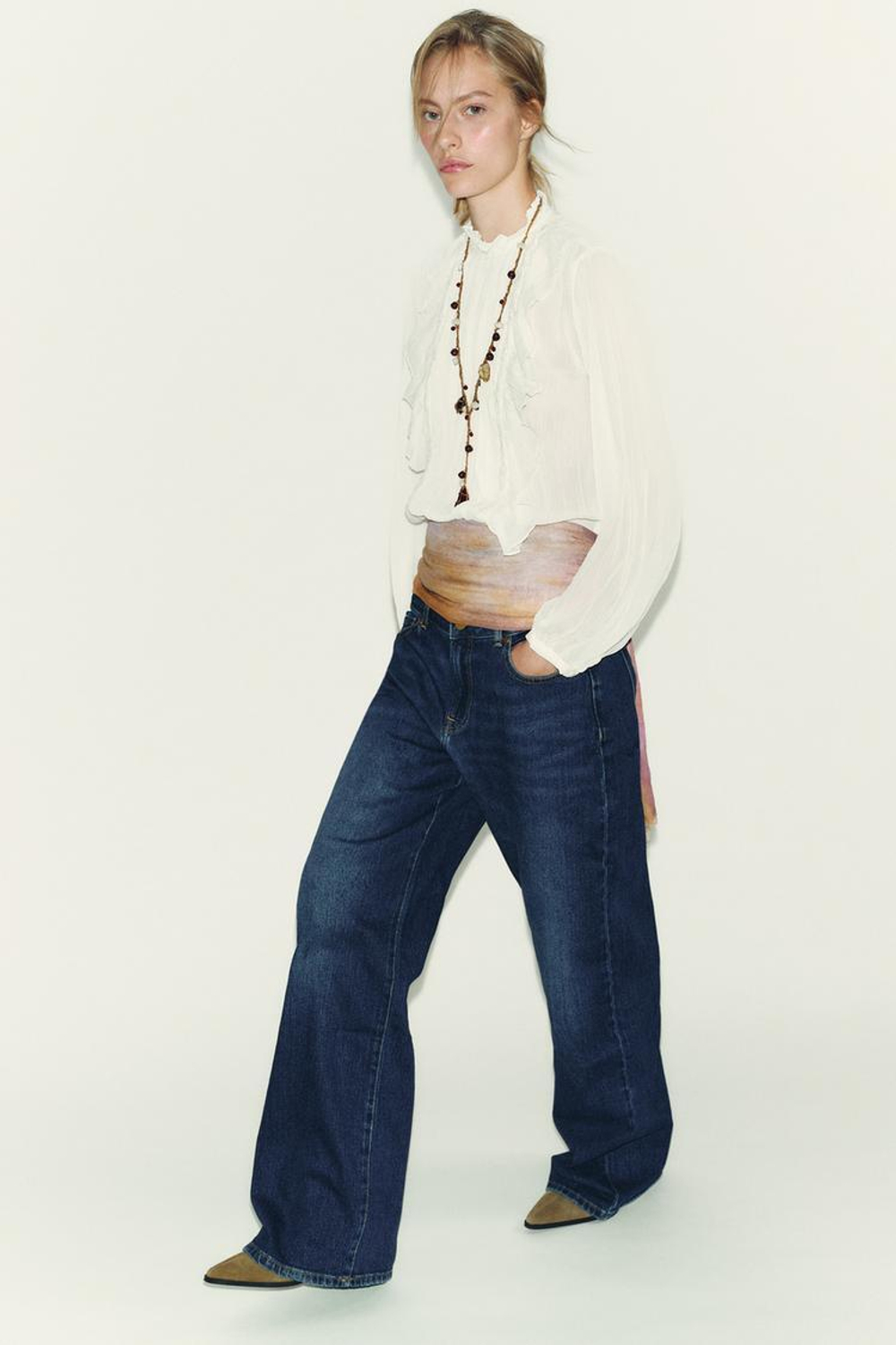 ZARA БЛУЗА ИЗ ТКАНИ БАМБУЛА С КРУЖЕВОМ И ВОЛАНАМИ, ЭКРЮ