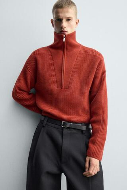 ZARA ВЯЗАНЫЙ СВИТЕР С ВОРОТНИКОМ НА МОЛНИИ, КРАСНЫЙ