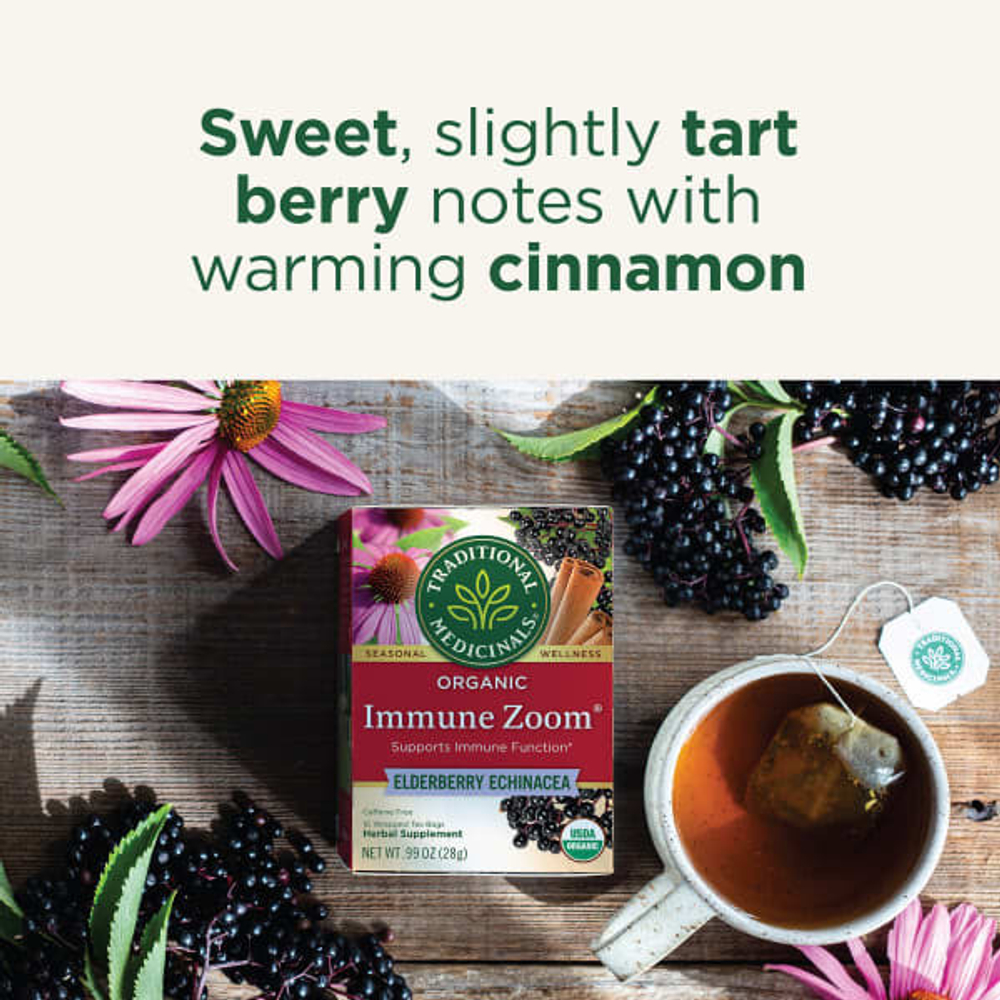 Traditional Medicinals, Organic Immune Zoom, Elderberry Echinacea, Caffeine Free, 16 Wrapped Tea Bags, 0.99 oz (28 g)