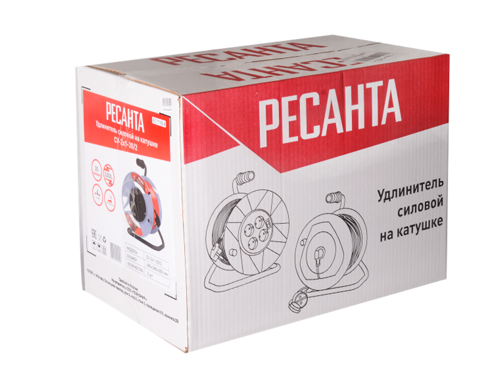 Удлинитель силовой на катушке Ресанта СУ-2х1-30/2 (с выкл., 4 розетки)