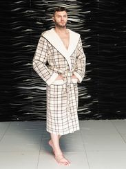 Вафельный мужской халат David с капюшоном кремовый