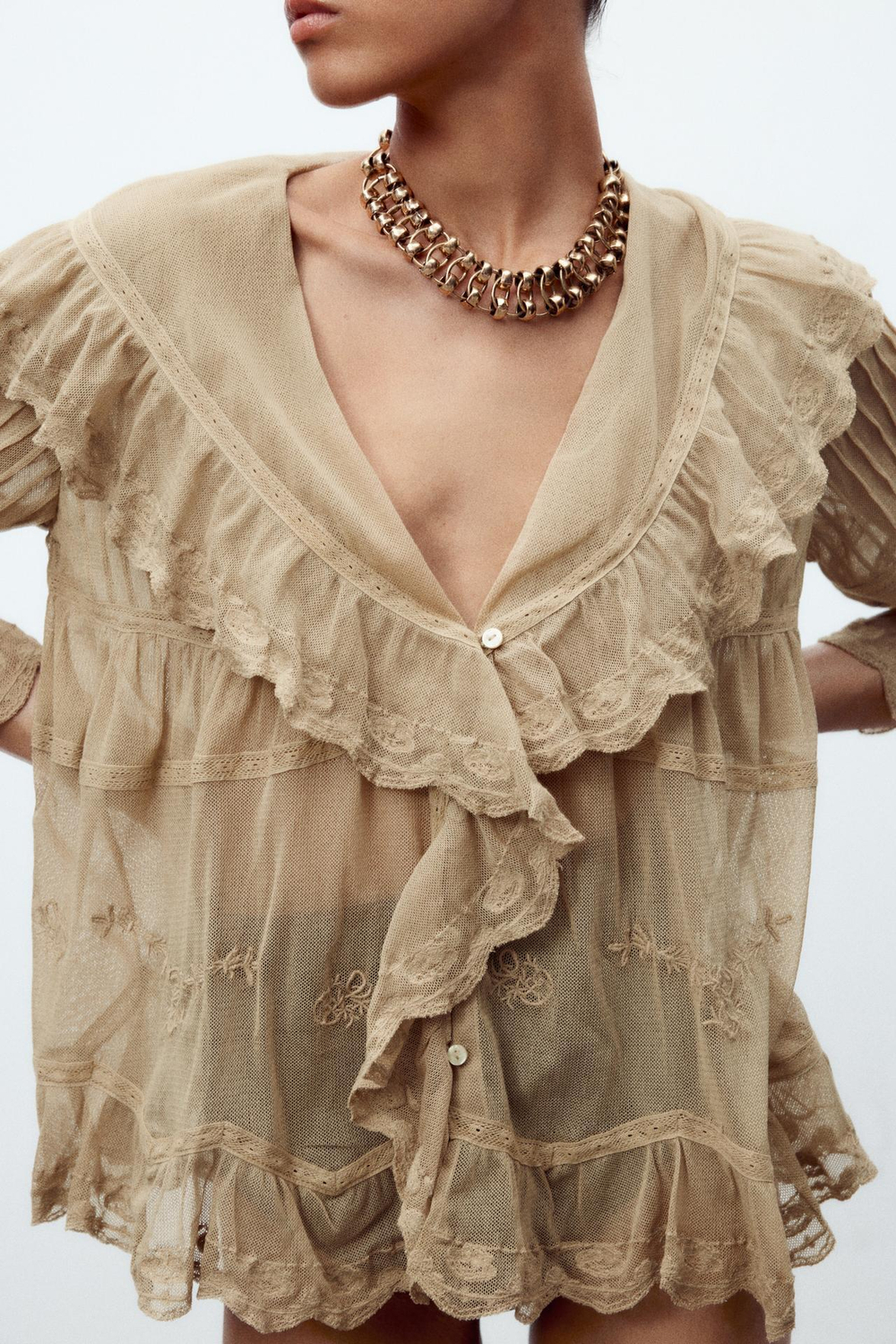 ZARA ТОП ИЗ ПОЛУПРОЗРАЧНОЙ ТКАНИ С ВЫШИВКОЙ И ВОЛАНАМИ, КАМЕННО-СЕРЫЙ