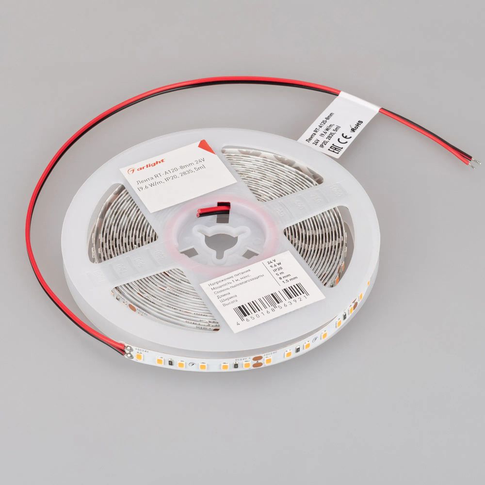 Светодиодная лента RT-A120-8mm 24V Scarlet (9.6 W/m, IP20, 2835, 5m) (Arlight, -) 043383
