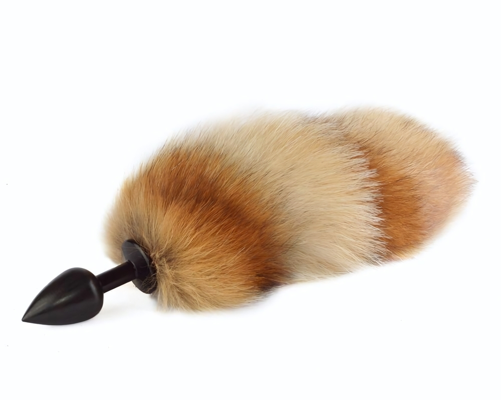 Черная анальная пробка с рыжим лисьим хвостом (Цвет: черный с оранжевым)