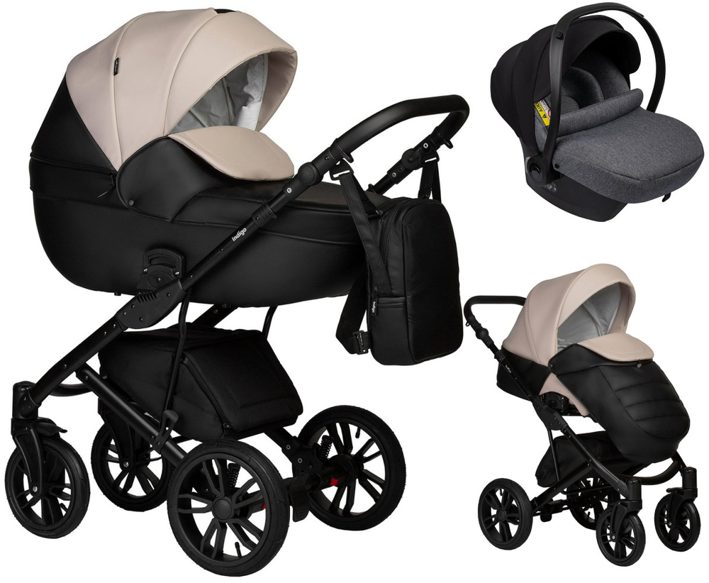 Детская коляска Indigo Mio Eco 3 в 1 с автокреслом Avionaut Cosmo Grey 04 черная кожа+св.бежевая кожа
