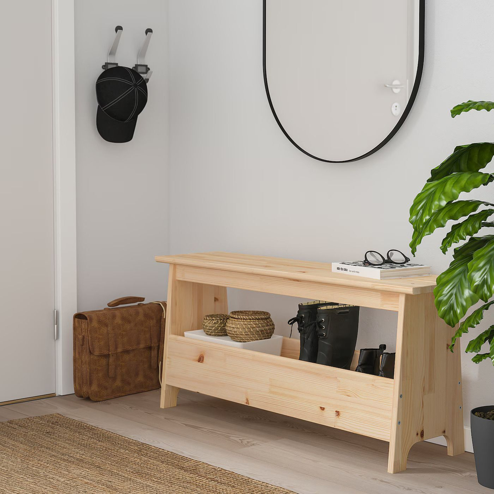 Скамья из сосны Пэрйохан с местом для хранения, 100х28х45 см, обувница для прихожей в натуральной отделке