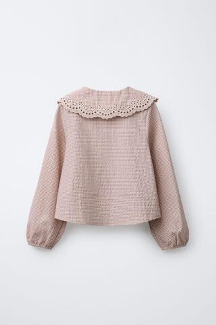 ZARA РУБАШКА С ОТЛОЖНЫМ ВОРОТНИКОМ И ВЫШИВКОЙ, БЛЕДНО-РОЗОВЫЙ