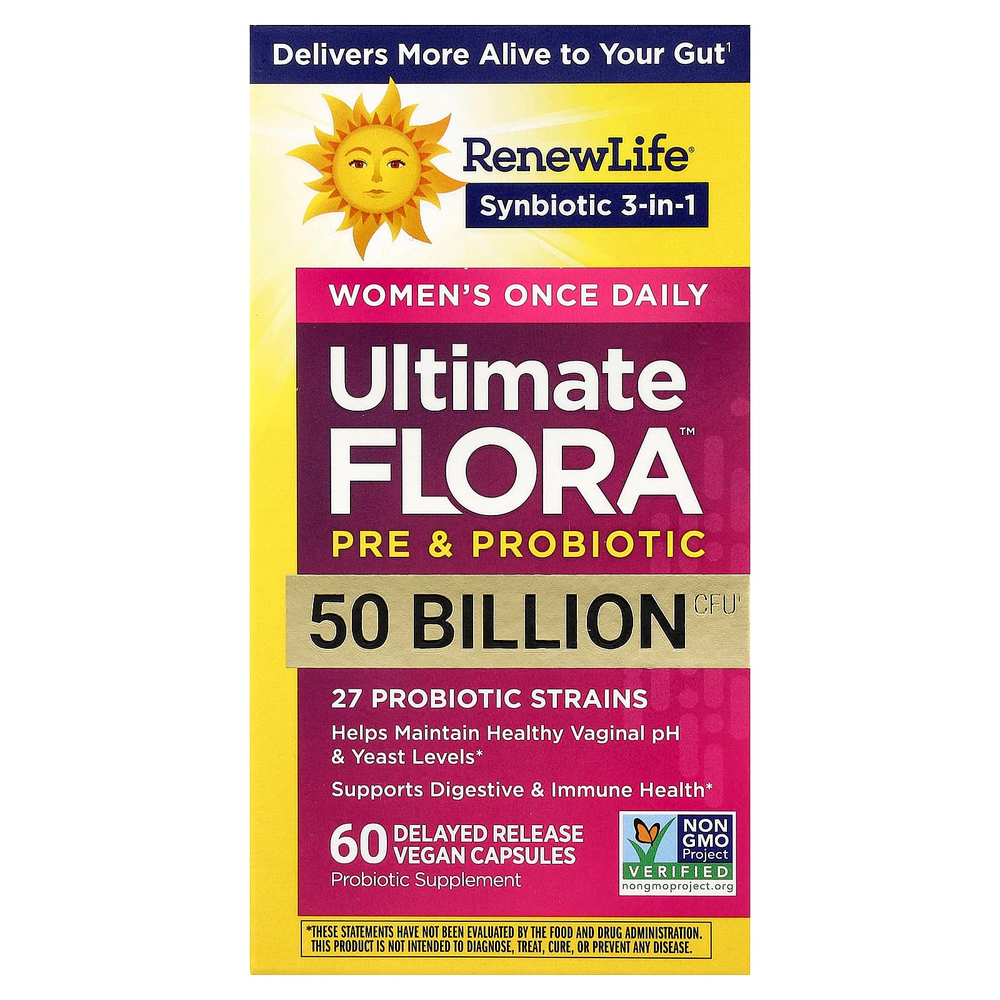 Renew Life, Ultimate Flora™, пробиотик, 50 млрд КОЕ, 60 веганских капсул с отсроченным высвобождением