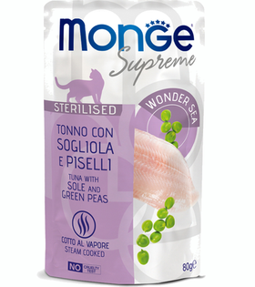 Monge Supreme Sterilized Cat Тунец с желтоперой камбалой и зелёным горошком 80гр.