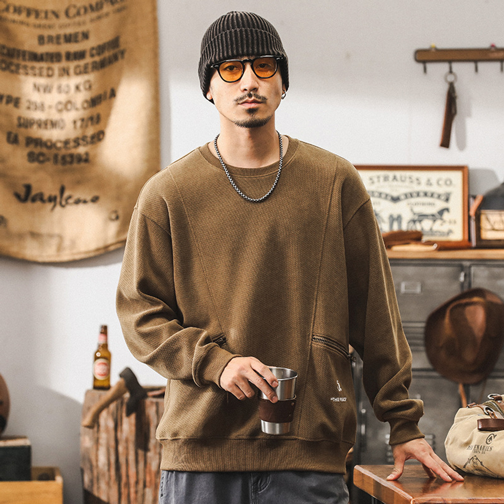 Трикотажный свитер с карманами на замках ,мужской осенний и зимний свободный Американский ретро стиль