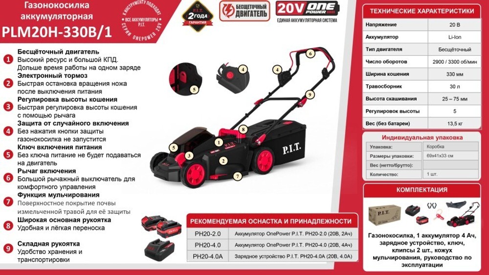 Газонокосилка аккумуляторная P.I.T. PLM20H-330B/1