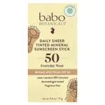 Babo Botanicals, ежедневный минеральный солнцезащитный стик с оттенком, SPF 50, без отдушек, 17 г (0,6 унции)