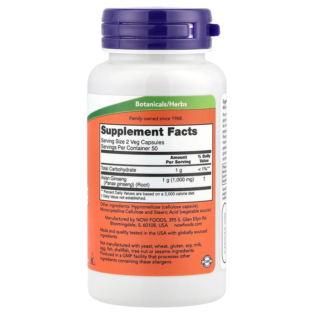 NOW Foods, Женьшень обыкновенный, 500 мг, 100 растительных капсул
