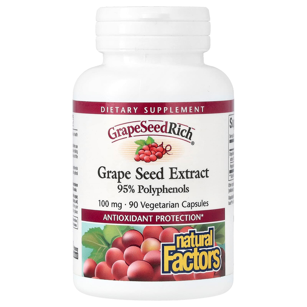 Natural Factors, GrapeSeedRich, экстракт виноградных косточек, 100 мг, 90 вегетарианских капсул