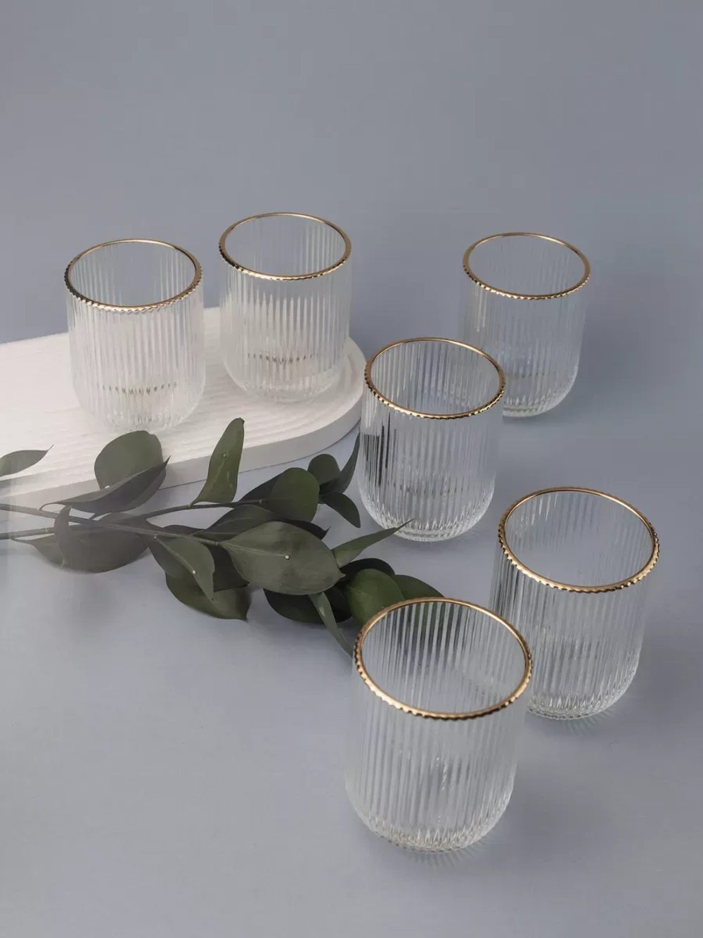 Набор ребристых стаканов для воды, 6 шт. с золотой каймой