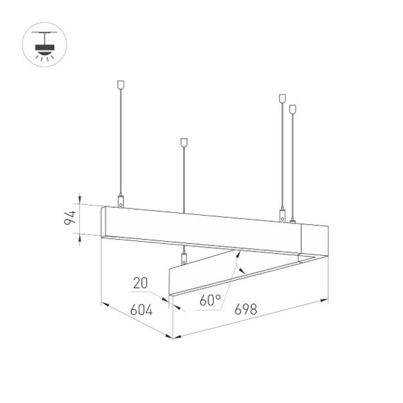 Подвесной светодиодный светильник Arlight ALT-LINEAIR-ANGLE-60-FLAT-UPDOWN-DIM-700x605-55W Warm3000 035702