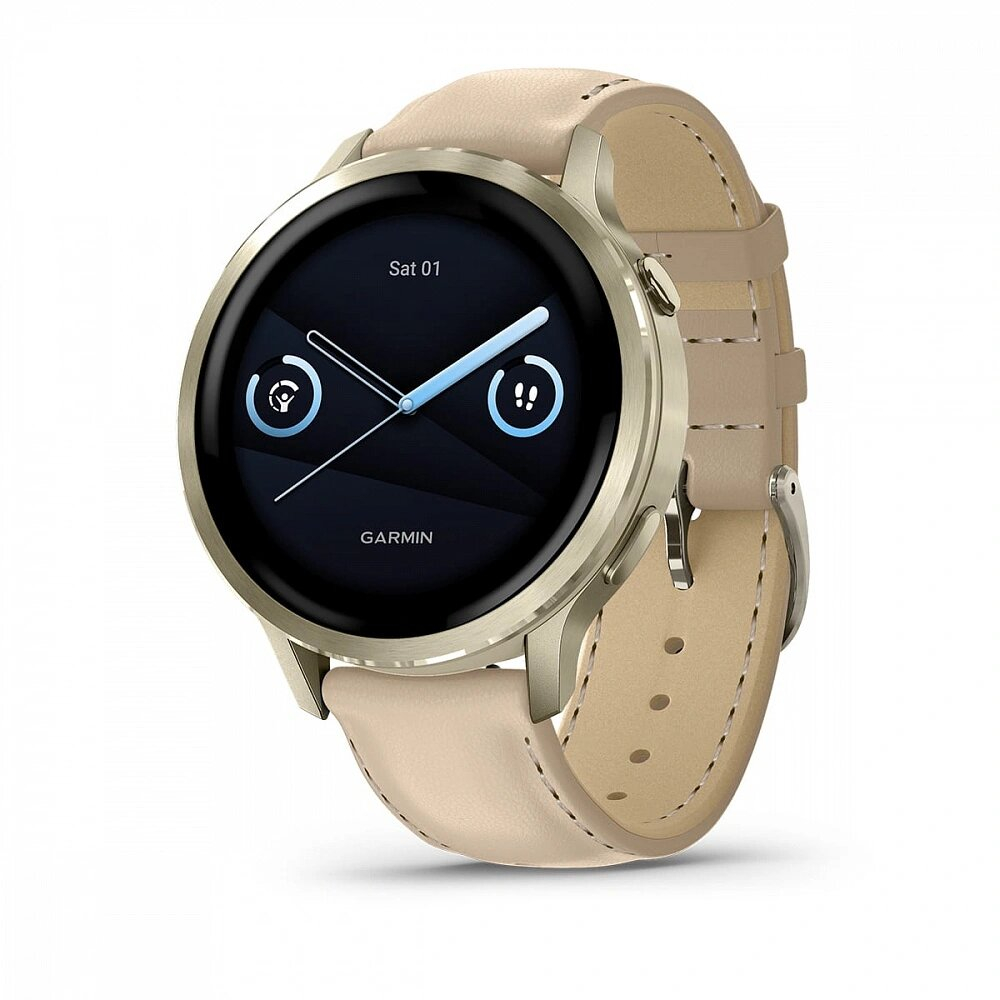 Умные часы Garmin Venu 4 41мм Лунно-золотистые с силиконовым ремешком цвета слоновой кости + кожаный ремешок песочного цвета (010-03013-03)