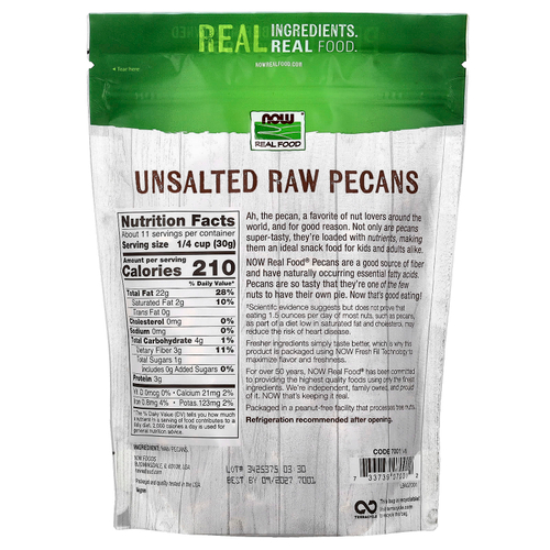 NOW Foods, Сырые орехи пекан, несоленые, 340 г