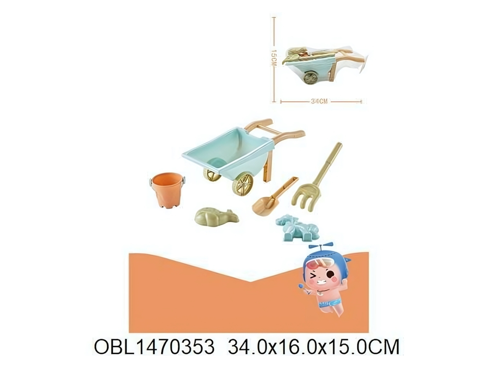 Набор для игры в песок с тачкой (5предм.) ведерко,совок,грабли,форм,сет.212-7