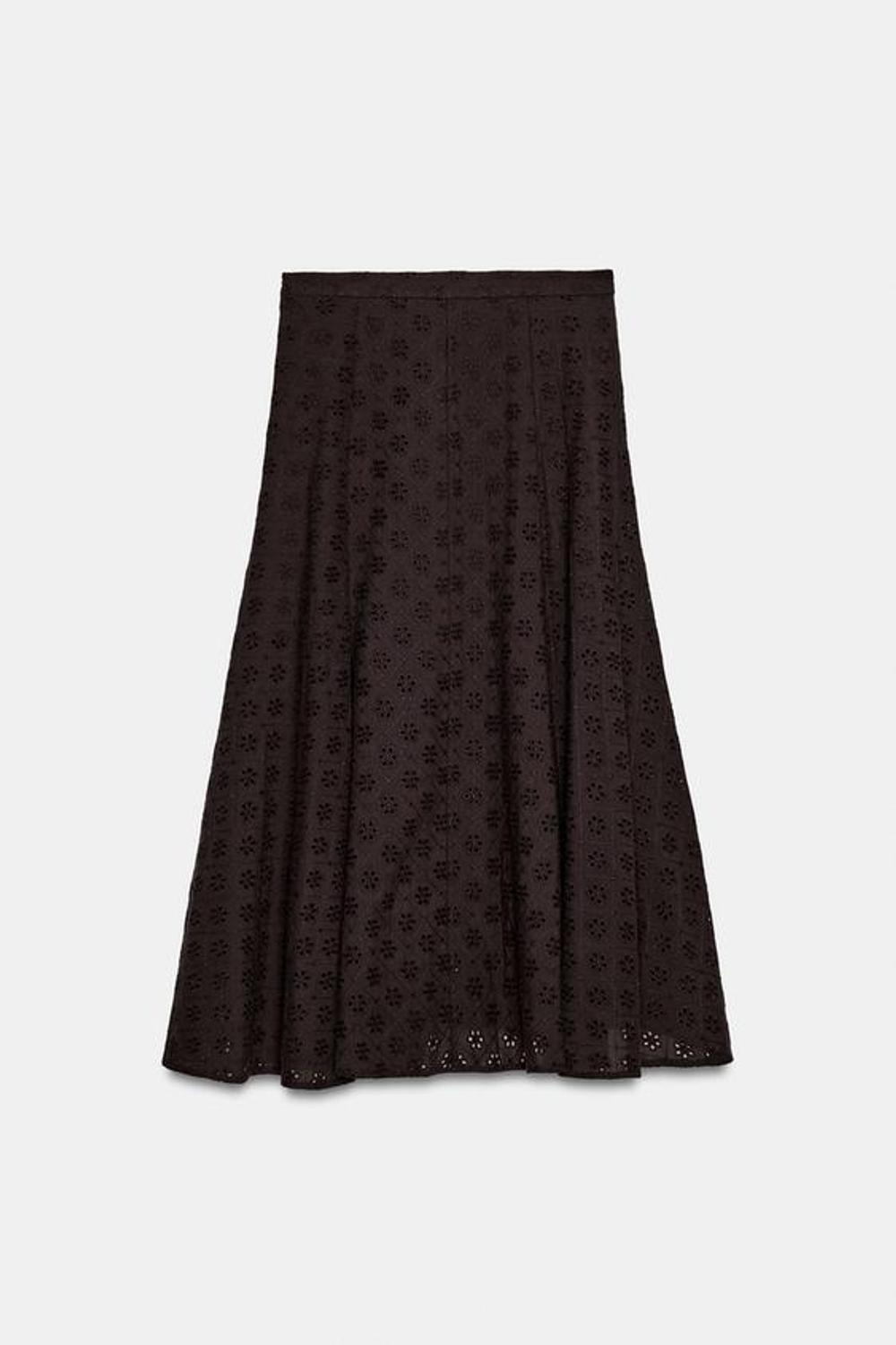 ZARA ЮБКА МИДИ С АЖУРНОЙ ВЫШИВКОЙ, КОРИЧНЕВЫЙ