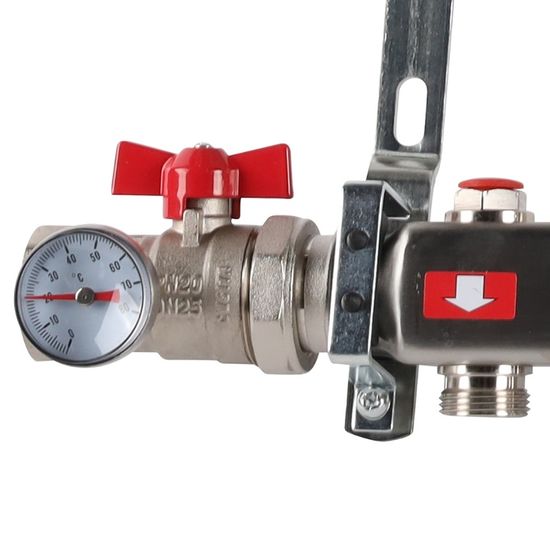 Коллектор Rommer 1"x3/4" на 12 контуров с запорными клапанами в сборе (нерж. сталь) RMS-3210-000012