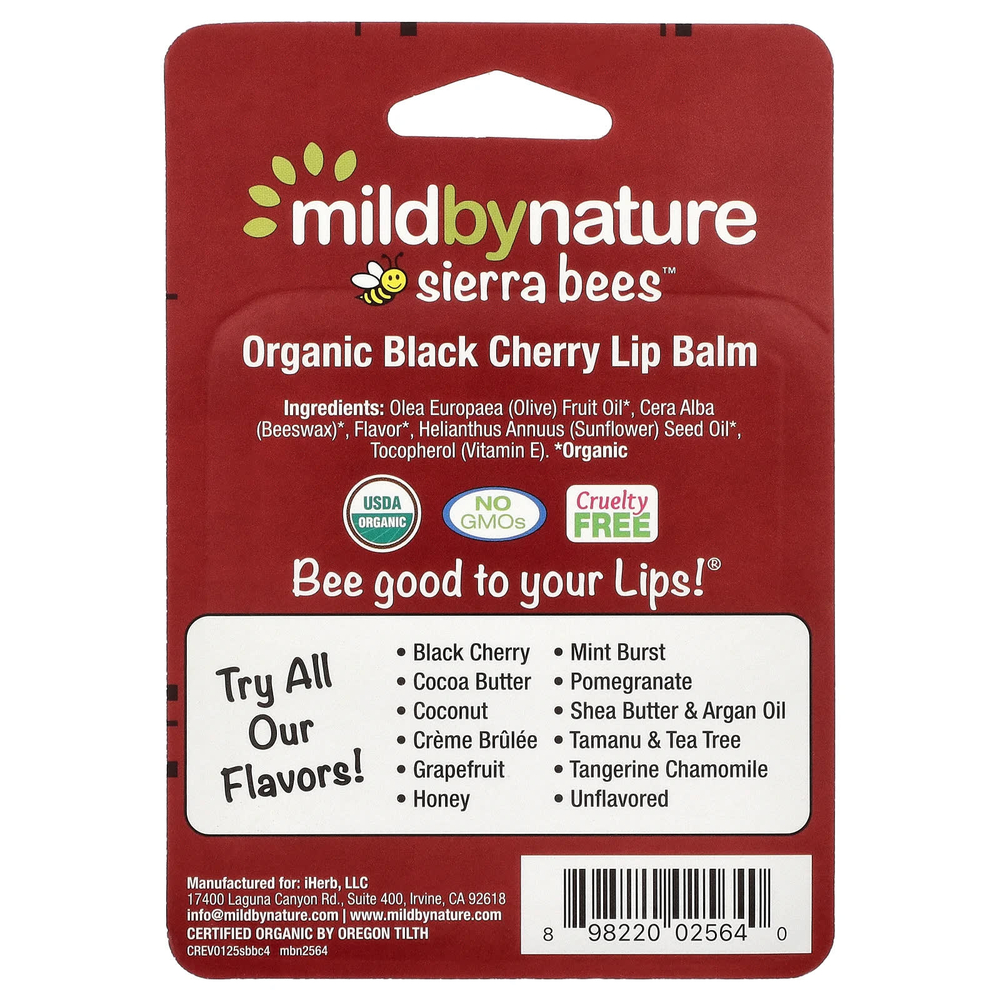 Mild By Nature, Sierra Bees™, органические бальзамы для губ, черешня, упаковка из 4 шт. по 4,25 г (0,15 унции)