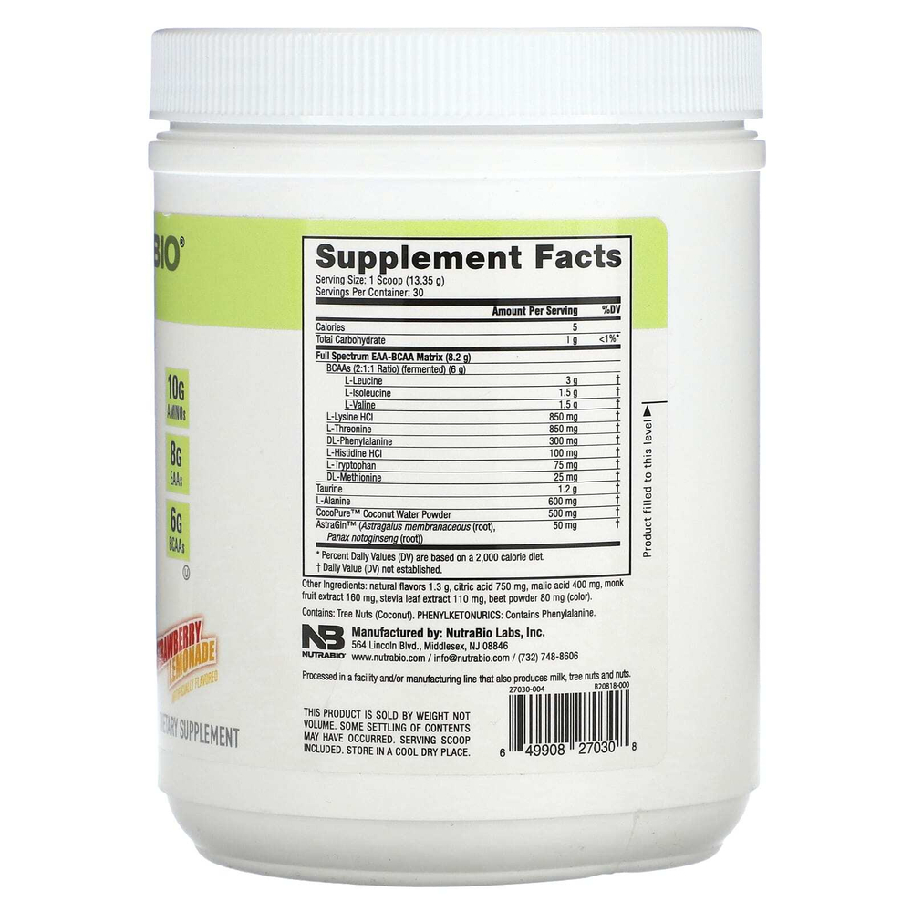 NutraBio, EAA, клубничный лимонад, 401 г (0,88 фунта)