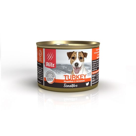 Blitz Sensitive «Индейка с печенью» консервированный корм для собак всех пород и возрастов