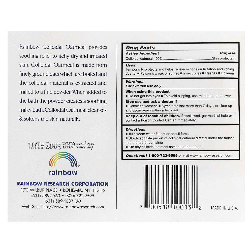 Rainbow Research, 100% натуральная коллоидная овсянка, без запаха, 3 пакетика по 1,5 унции