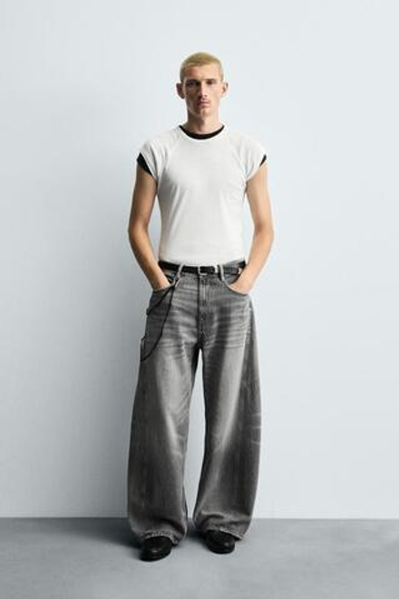 ZARA ДЖИНСЫ BALLOON FIT СО СМЕЩЕННЫМ ШВОМ, СЕРЫЙ